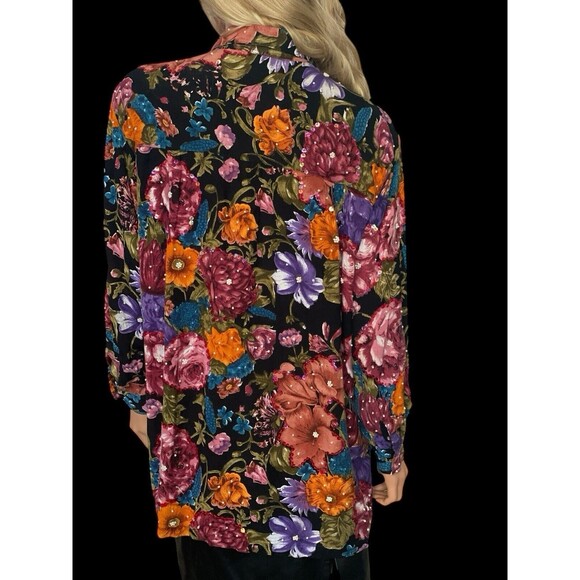 Vtg 80s Destination Other M L Shirt Oversize Floral Colorful Sequins Beaded - Picture 3 of 16